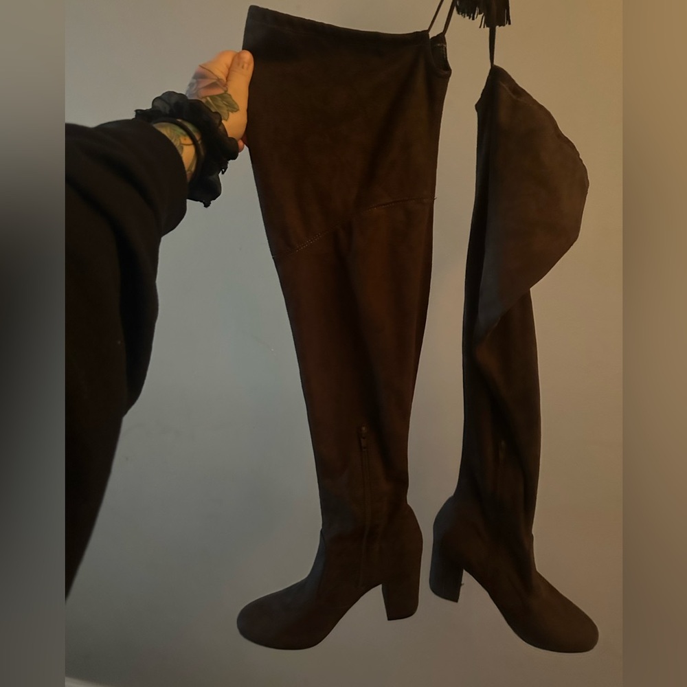 Brown Suede Knee High Heel Boots